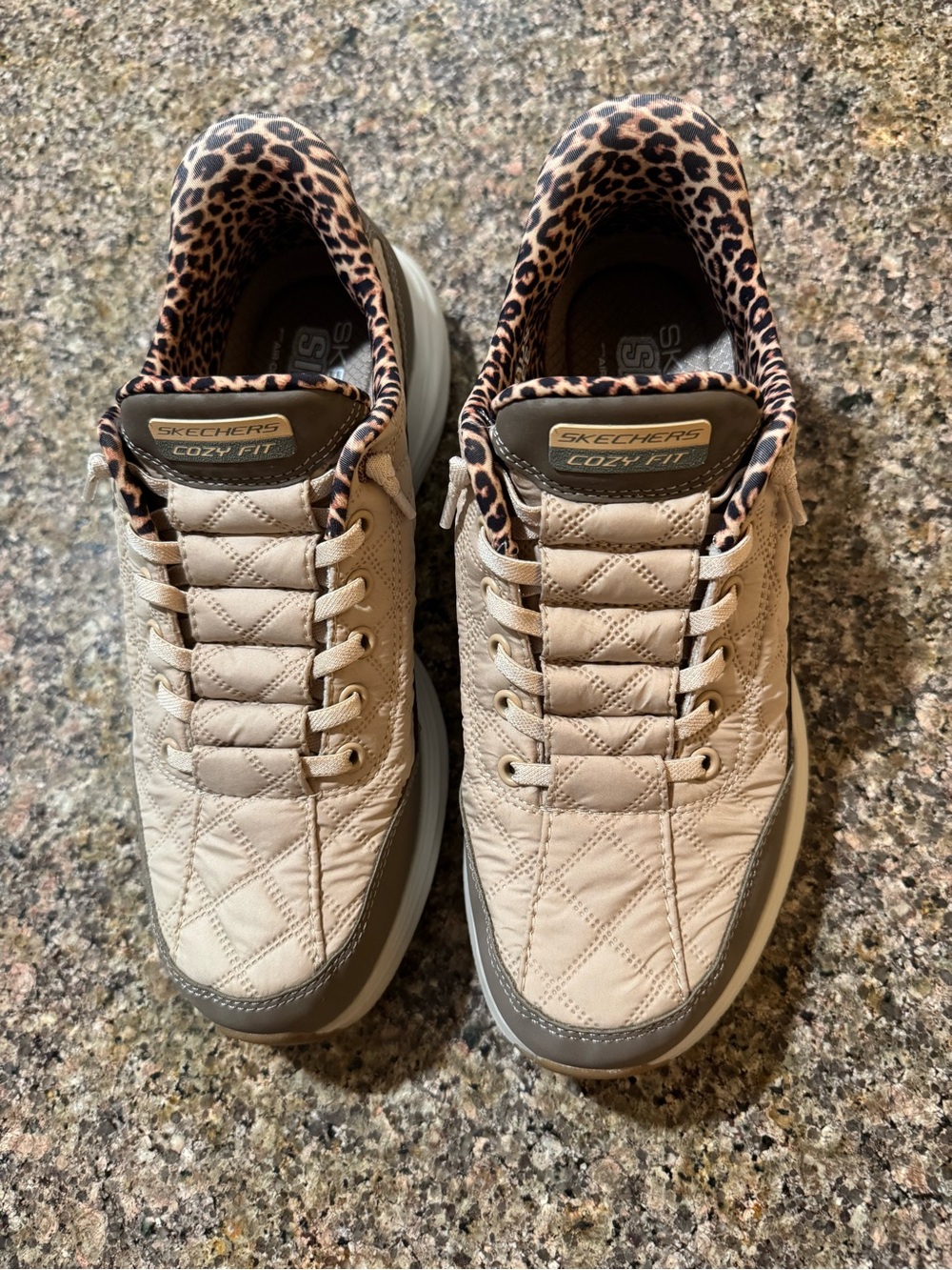 Skechers Slip-ins Cozy Fit Quilted Beige Sneakers with Leopard Trim Size 8 - Picture 4 of 9
